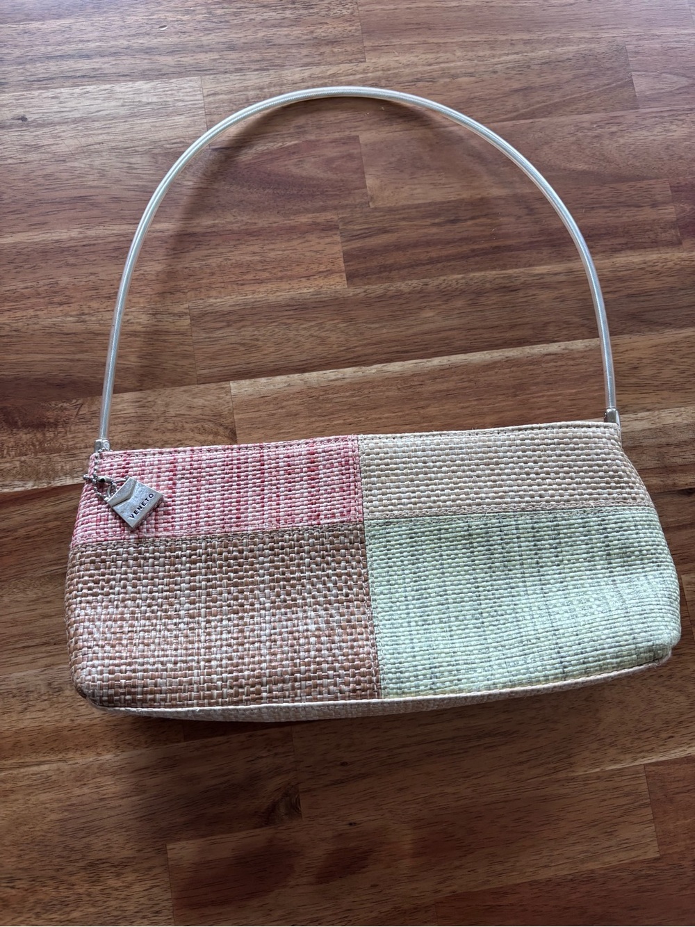 Y2K Veneto Woven Patchwork Shoulder Bag – Pastel Pink, Sage & Cream
